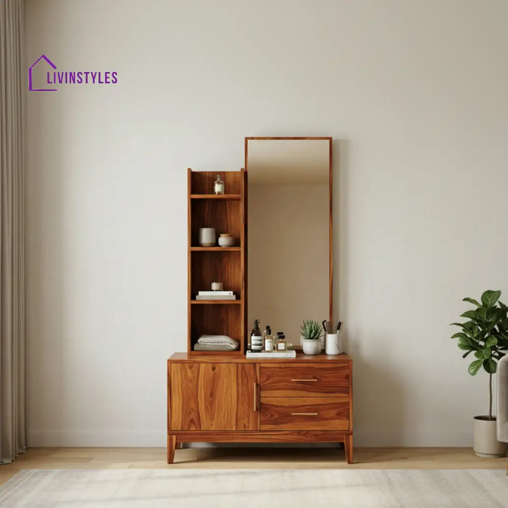 Carter Sheesham Wood Dressing Table with Mirror and Storage (Honey Finish)