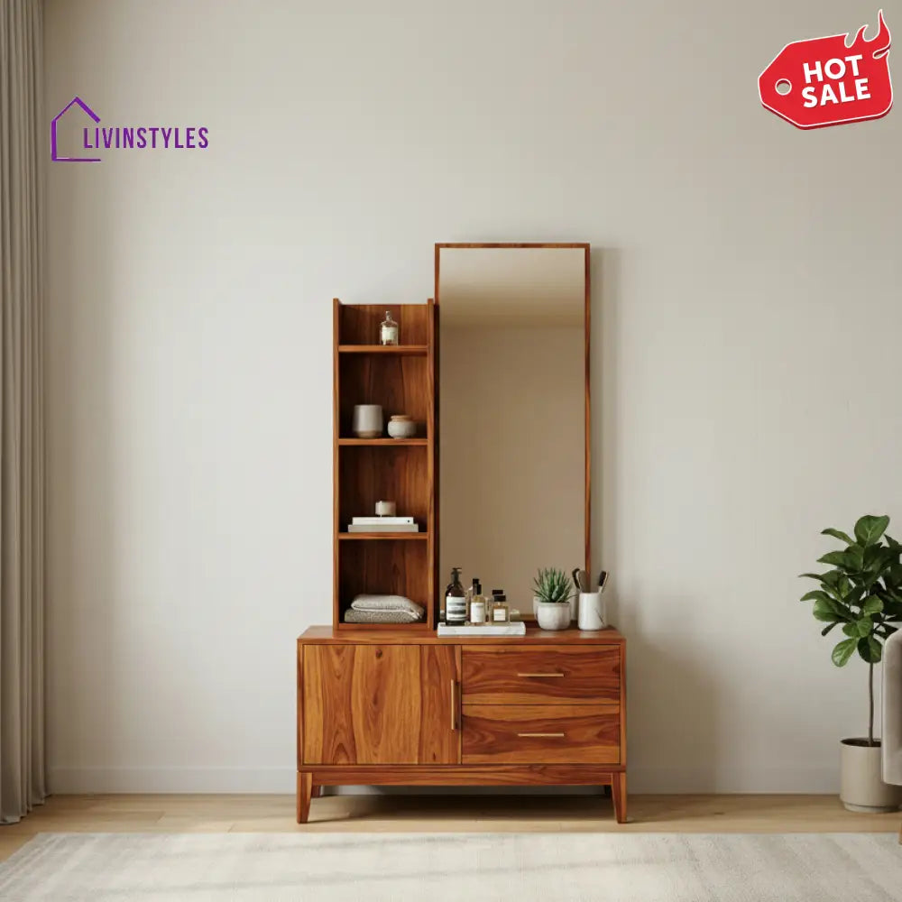 Carter Sheesham Wood Dressing Table with Mirror and Storage (Honey Finish)