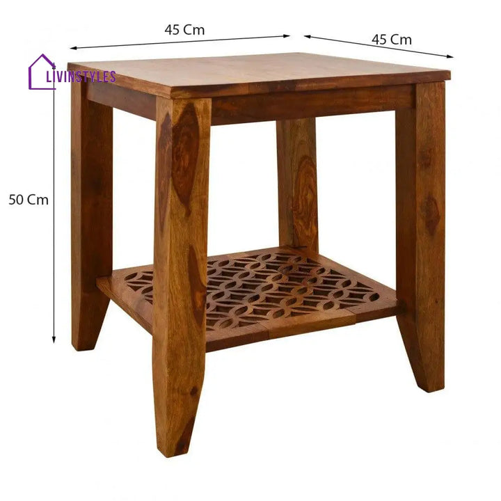 Carved Net Side Table In Honey Finish