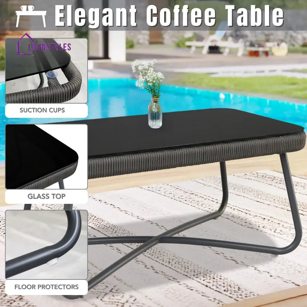 Castolo Outdoor Garden Balcony Sofa Set 3 Seater 2 Single Seater 1 Ottoman and 1 Center Table Set Braid & Rope (Grey)