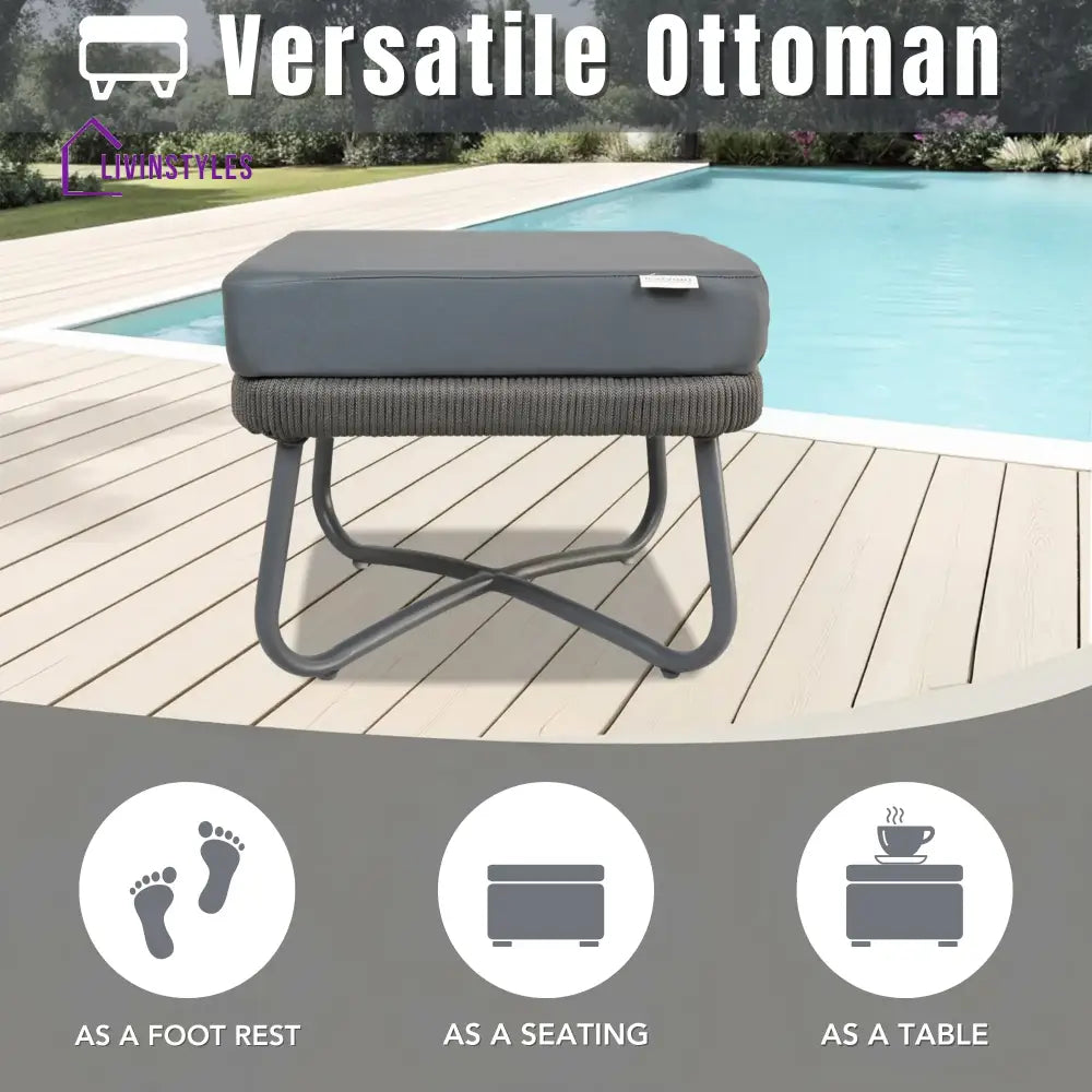 Castolo Outdoor Garden Balcony Sofa Set 3 Seater 2 Single Seater 1 Ottoman and 1 Center Table Set Braid & Rope (Grey)