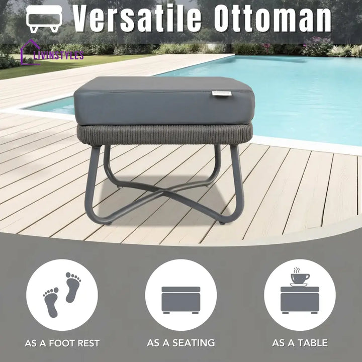 Castolo Outdoor Garden Balcony Sofa Set 3 Seater 2 Single Seater 1 Ottoman and 1 Center Table Set Braid & Rope (Grey)