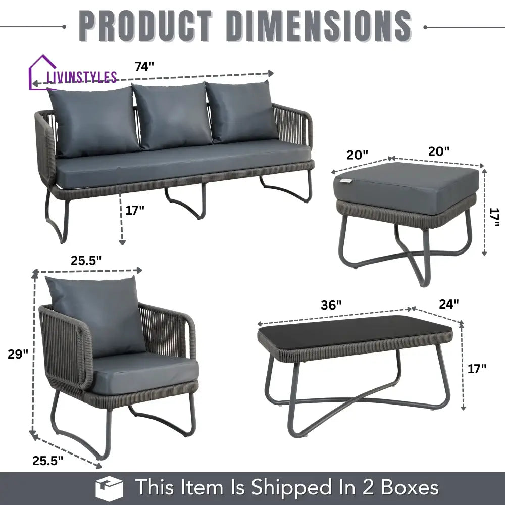 Castolo Outdoor Garden Balcony Sofa Set 3 Seater 2 Single Seater 1 Ottoman and 1 Center Table Set Braid & Rope (Grey)