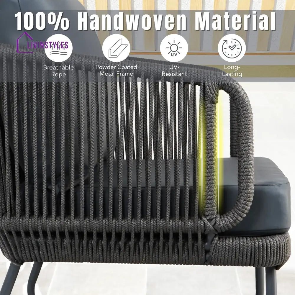 Castolo Outdoor Garden Balcony Sofa Set 3 Seater 2 Single Seater 1 Ottoman and 1 Center Table Set Braid & Rope (Grey)