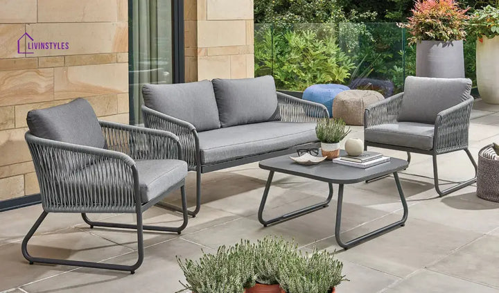 Casu Outdoor Garden Balcony Sofa Set 2 Seater 2 Single seater and 1 Center Table Set Braid & Rope (Grey) - Sofa Sets