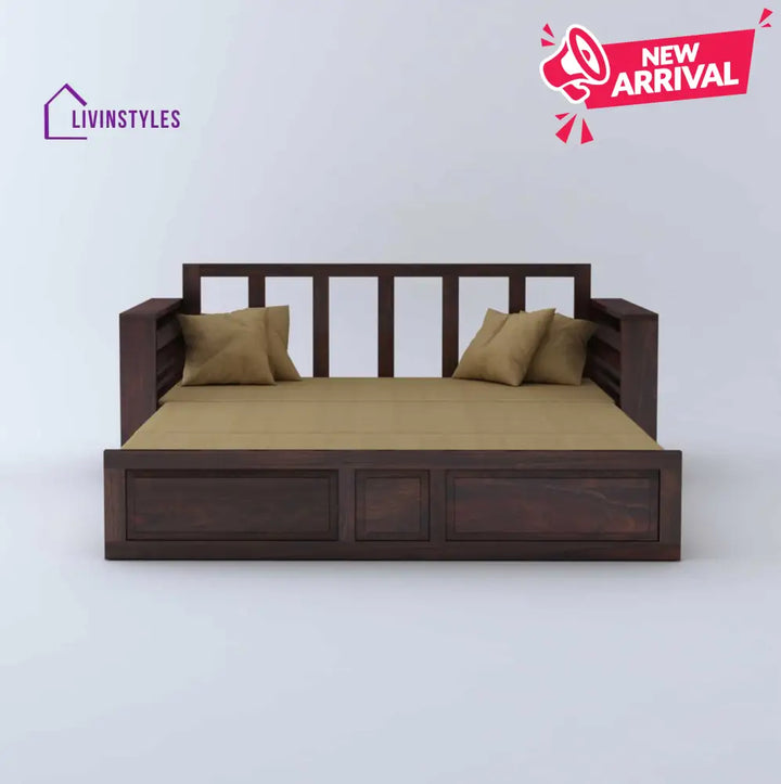 Catalina Solid Sheesham Wood 3 Seater Sofa Cum Bed Walnut with Side Pockets Sofa Cum Bed
