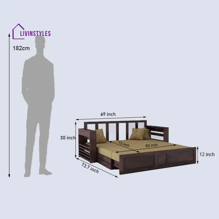 Catalina Solid Sheesham Wood 3 Seater Sofa Cum Bed Walnut with Side Pockets Sofa Cum Bed