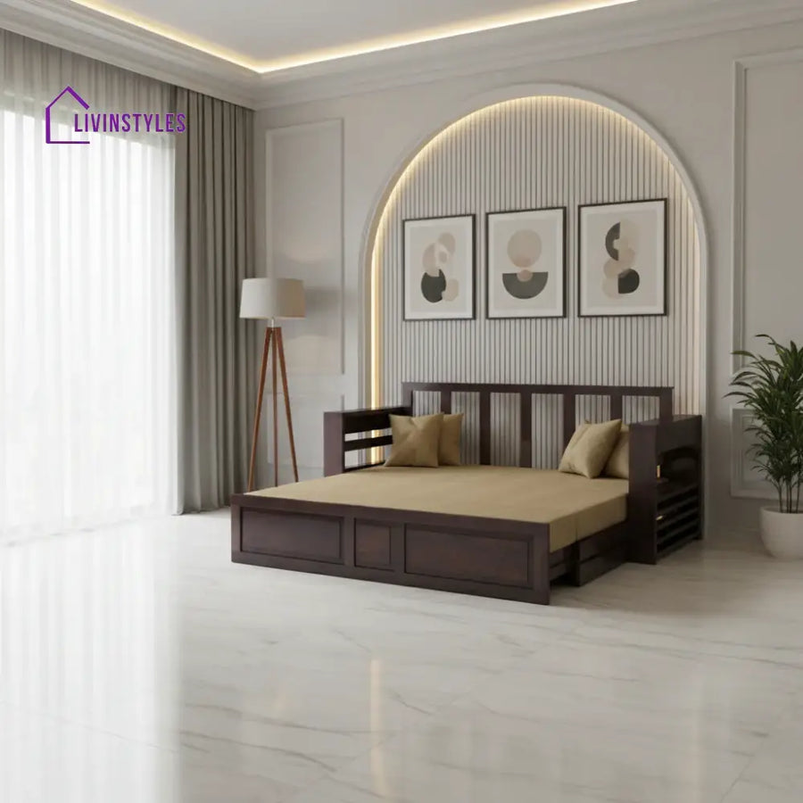 Catalina Solid Sheesham Wood 3 Seater Sofa Cum Bed Walnut with Side Pockets Sofa Cum Bed