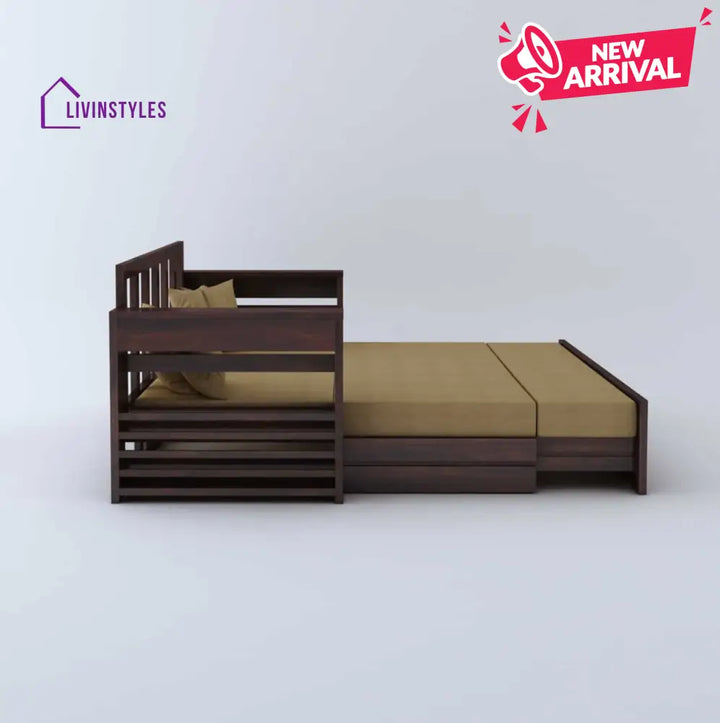 Catalina Solid Sheesham Wood 3 Seater Sofa Cum Bed Walnut with Side Pockets Sofa Cum Bed