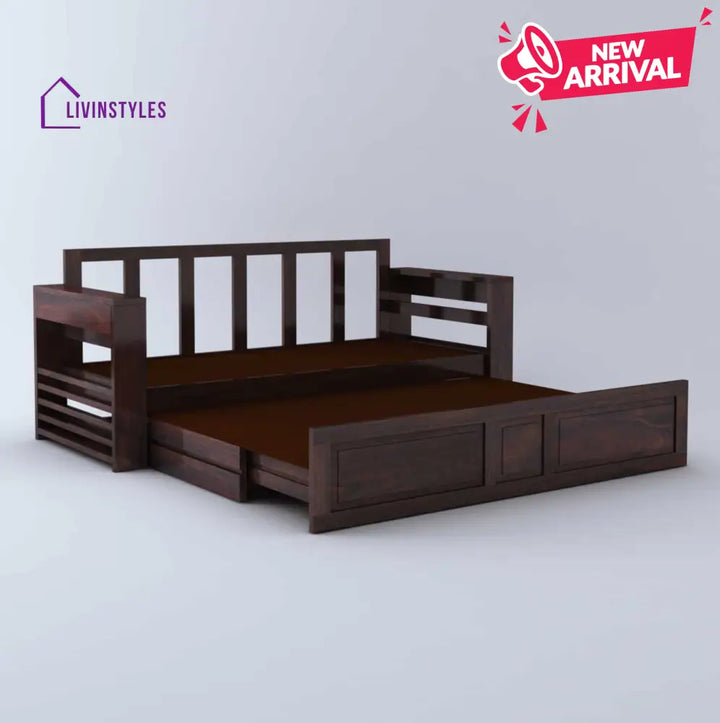 Catalina Solid Sheesham Wood 3 Seater Sofa Cum Bed Walnut with Side Pockets Sofa Cum Bed