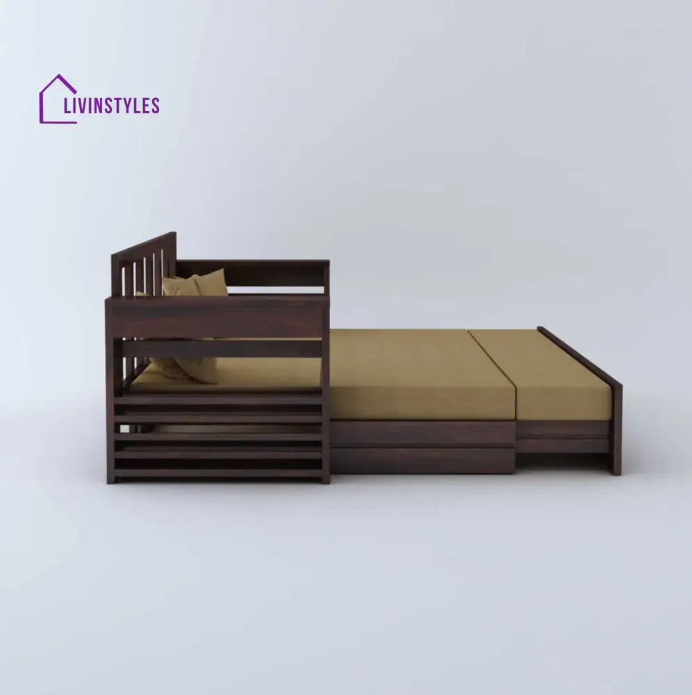 Catalina Solid Sheesham Wood 3 Seater Sofa Cum Bed Walnut with Side Pockets Sofa Cum Bed