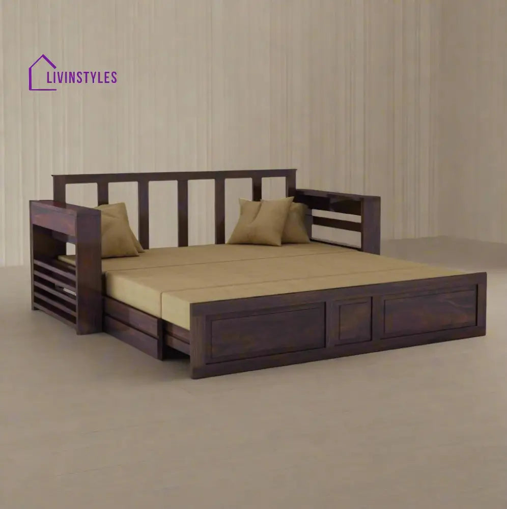 Catalina Solid Sheesham Wood 3 Seater Sofa Cum Bed Walnut with Side Pockets Sofa Cum Bed