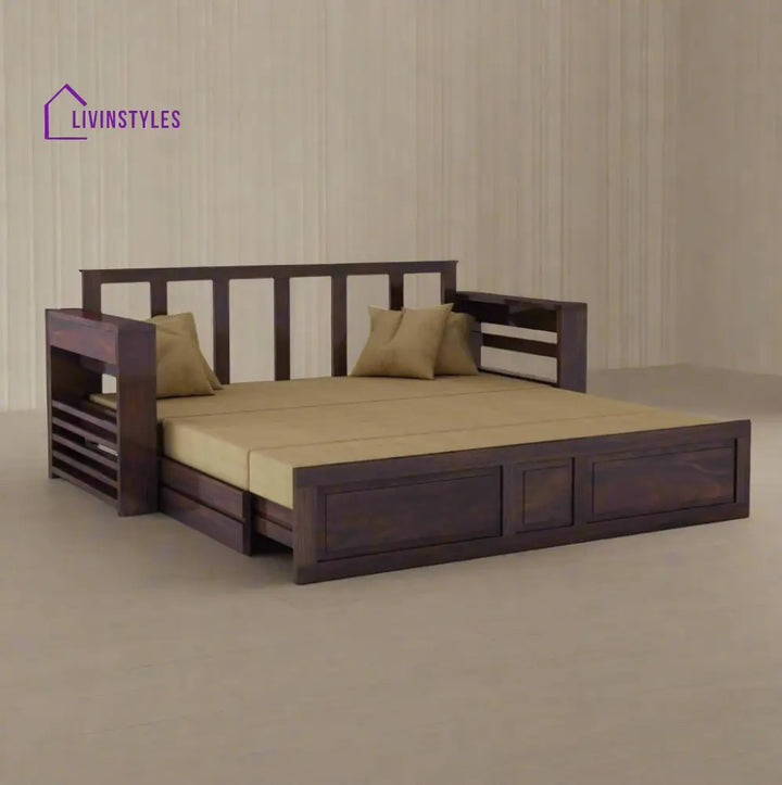 Catalina Solid Sheesham Wood 3 Seater Sofa Cum Bed Walnut with Side Pockets Sofa Cum Bed