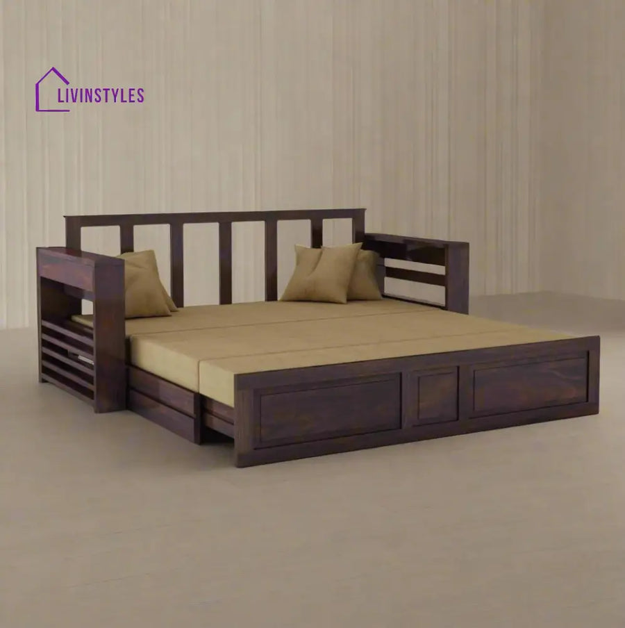 Catalina Solid Sheesham Wood 3 Seater Sofa Cum Bed Walnut with Side Pockets Sofa Cum Bed