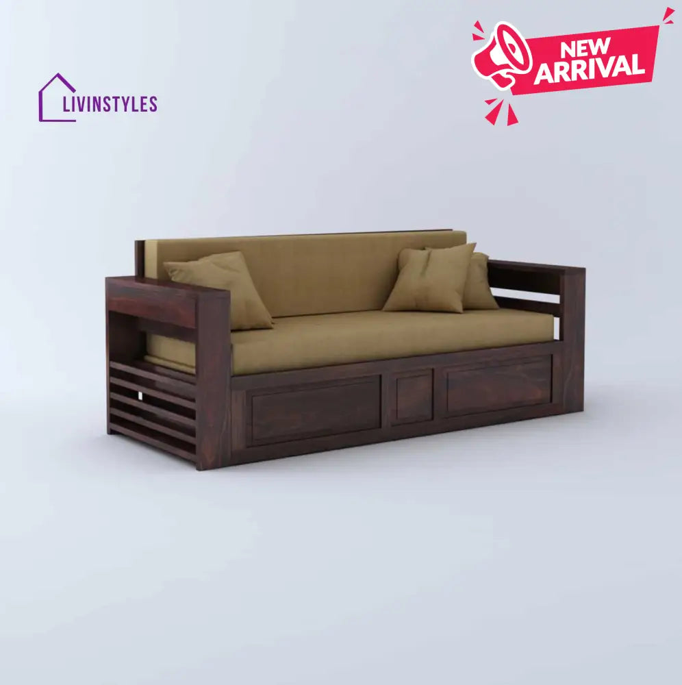 Catalina Solid Sheesham Wood 3 Seater Sofa Cum Bed Walnut with Side Pockets Sofa Cum Bed