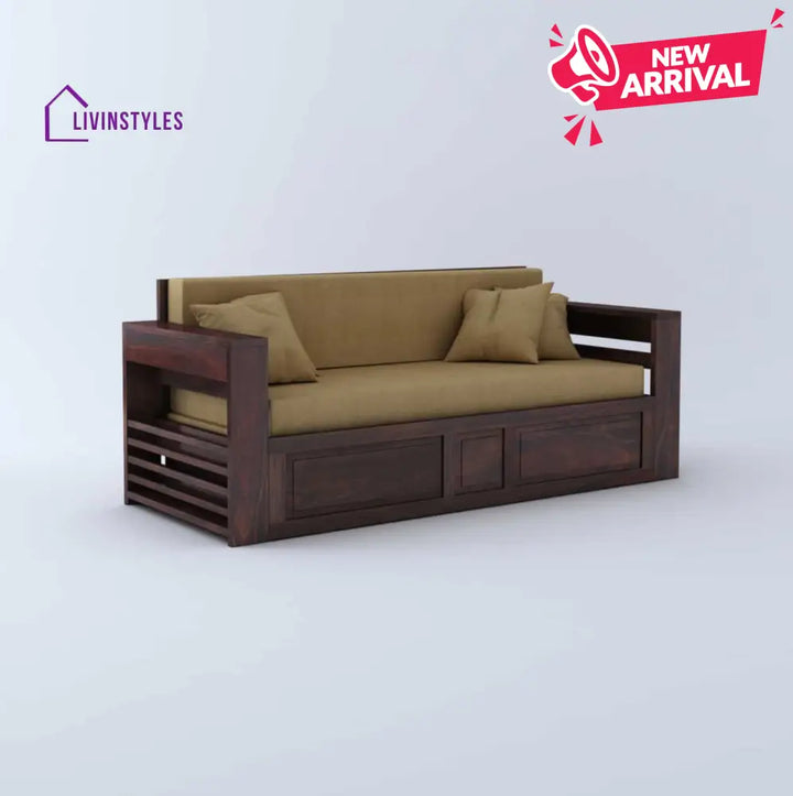 Catalina Solid Sheesham Wood 3 Seater Sofa Cum Bed Walnut with Side Pockets Sofa Cum Bed