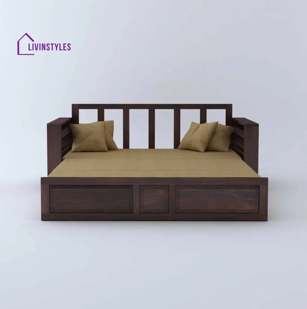 Catalina Solid Sheesham Wood 3 Seater Sofa Cum Bed Walnut with Side Pockets Sofa Cum Bed