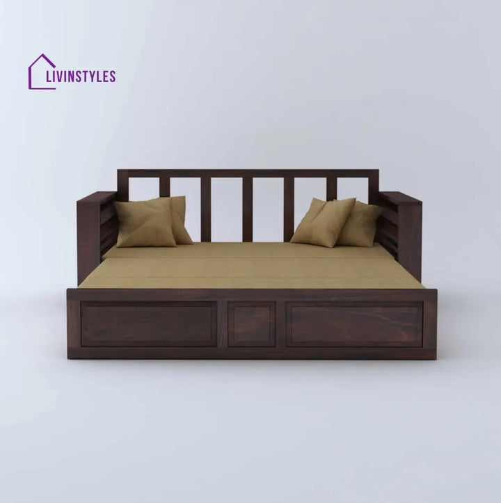 Catalina Solid Sheesham Wood 3 Seater Sofa Cum Bed Walnut with Side Pockets Sofa Cum Bed
