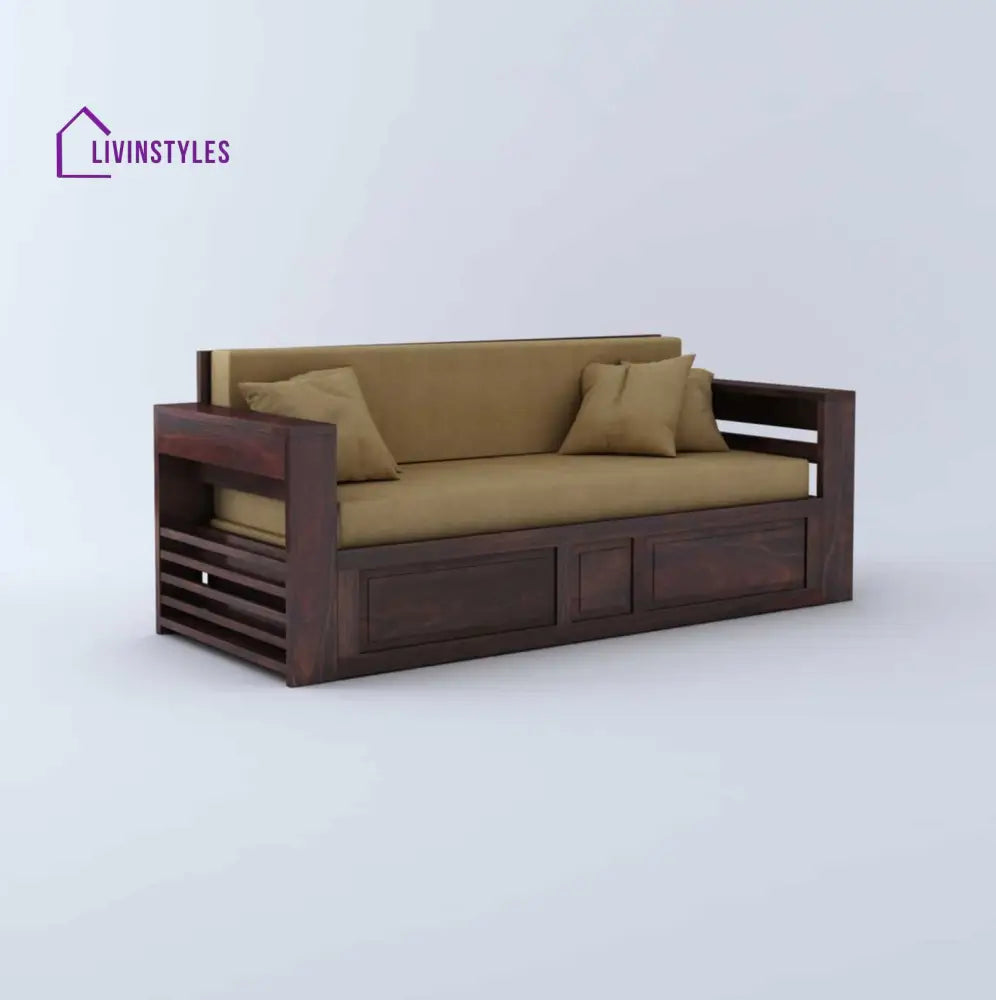 Catalina Solid Sheesham Wood 3 Seater Sofa Cum Bed Walnut with Side Pockets Sofa Cum Bed