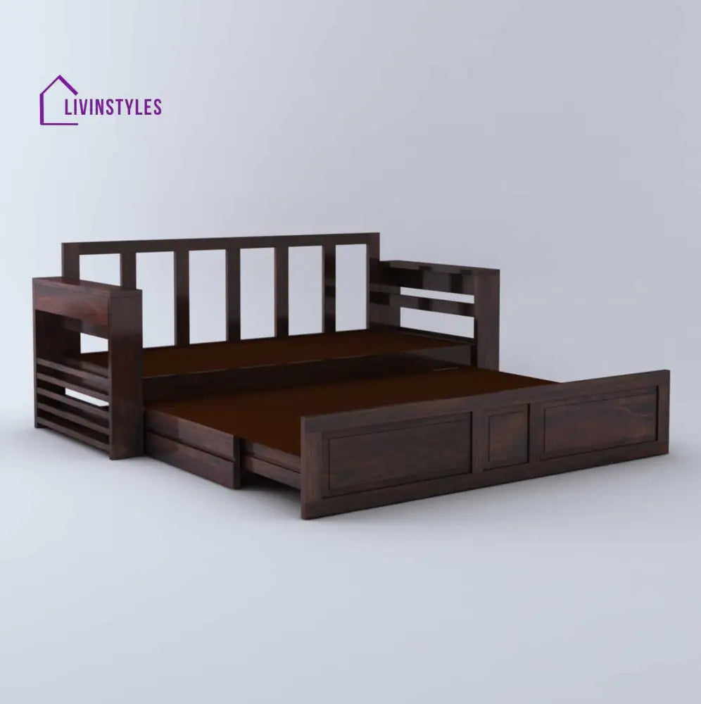 Catalina Solid Sheesham Wood 3 Seater Sofa Cum Bed Walnut with Side Pockets Sofa Cum Bed