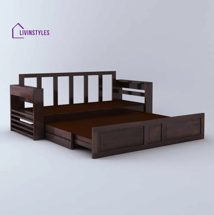 Catalina Solid Sheesham Wood 3 Seater Sofa Cum Bed Walnut with Side Pockets Sofa Cum Bed