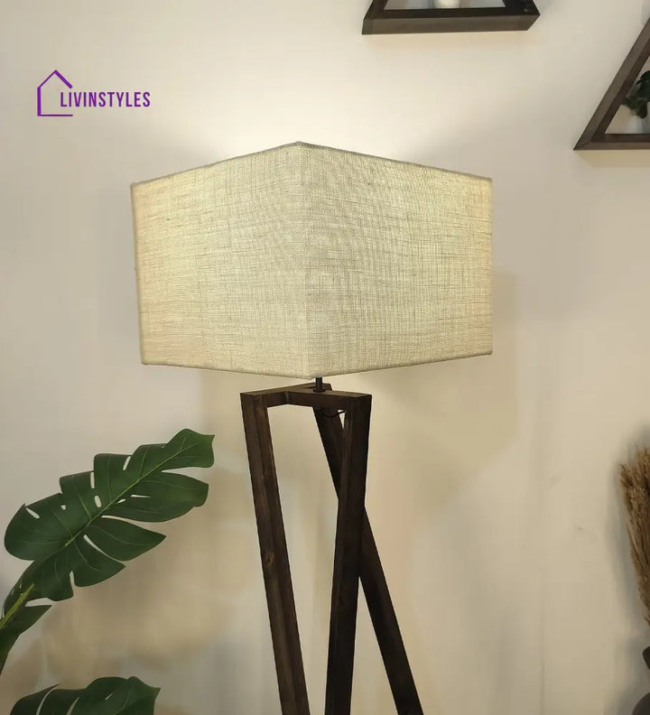 Catapult Wooden Floor Lamp With Brown Base And Premium Beige Fabric Lampshade Lamps
