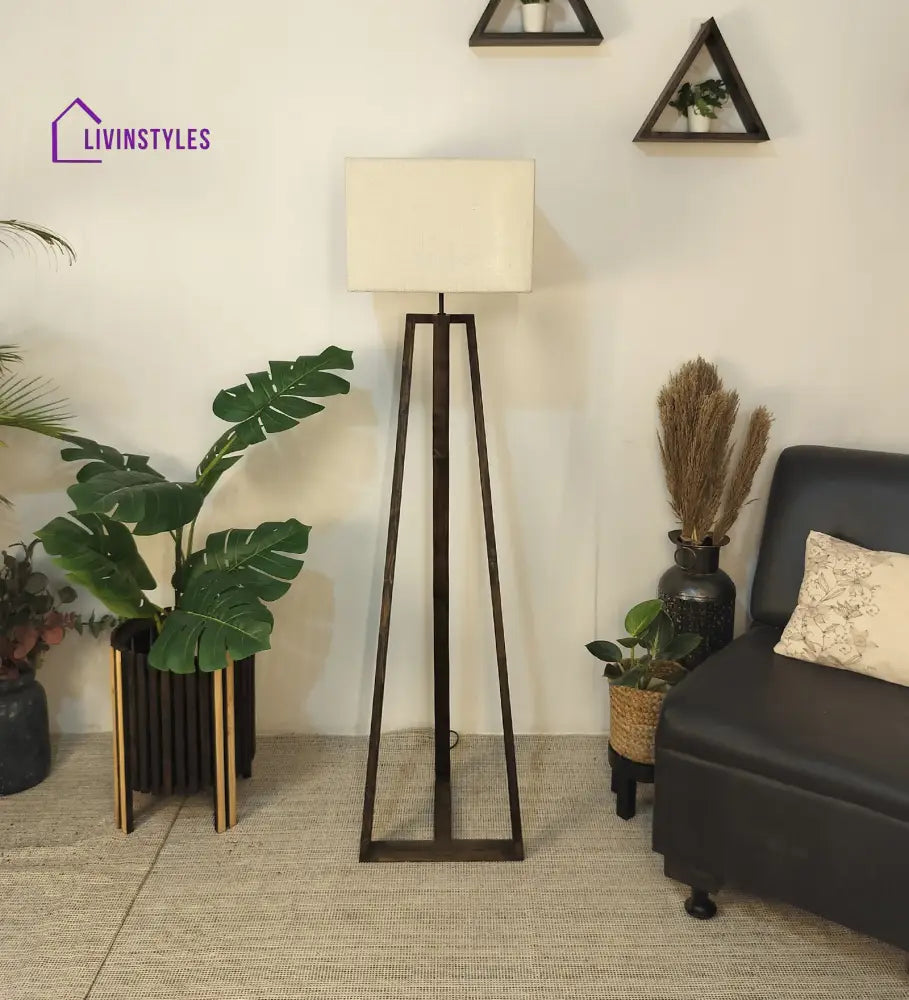 Catapult Wooden Floor Lamp With Brown Base And Premium Beige Fabric Lampshade Lamps
