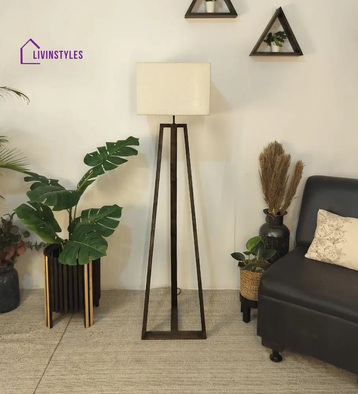 Catapult Wooden Floor Lamp With Brown Base And Premium Beige Fabric Lampshade Lamps