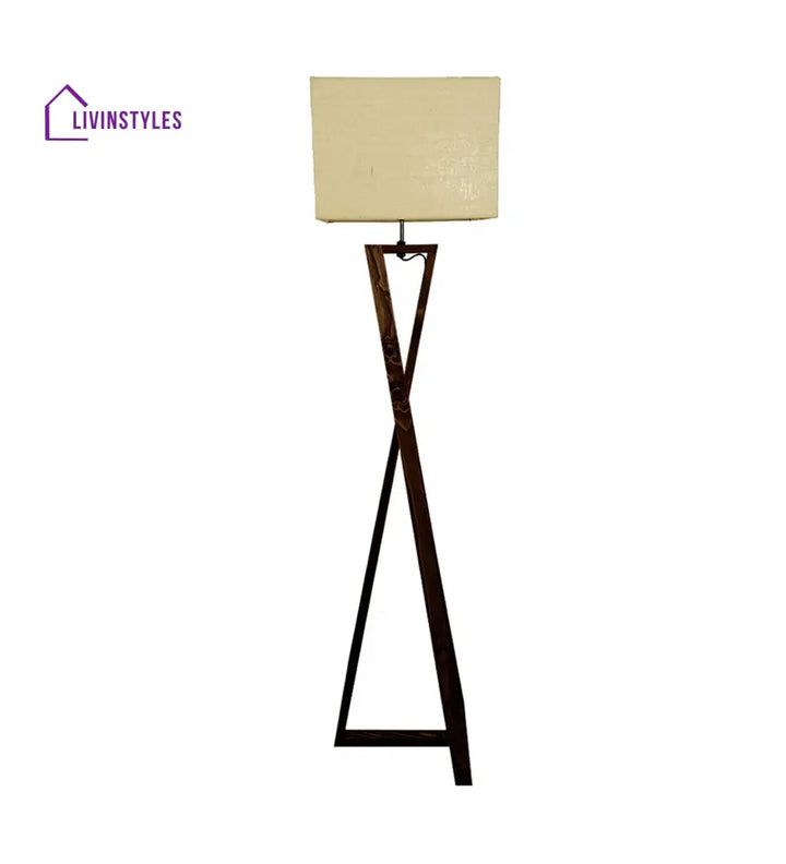 Catapult Wooden Floor Lamp With Brown Base And Premium Beige Fabric Lampshade Lamps