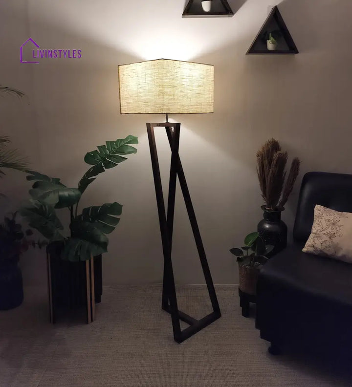 Catapult Wooden Floor Lamp With Brown Base And Premium Beige Fabric Lampshade Lamps