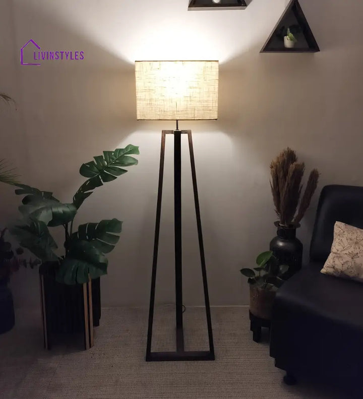 Catapult Wooden Floor Lamp With Brown Base And Premium Beige Fabric Lampshade Lamps