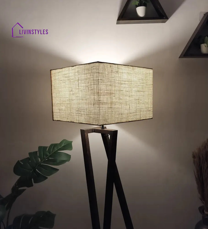 Catapult Wooden Floor Lamp With Brown Base And Premium Beige Fabric Lampshade Lamps