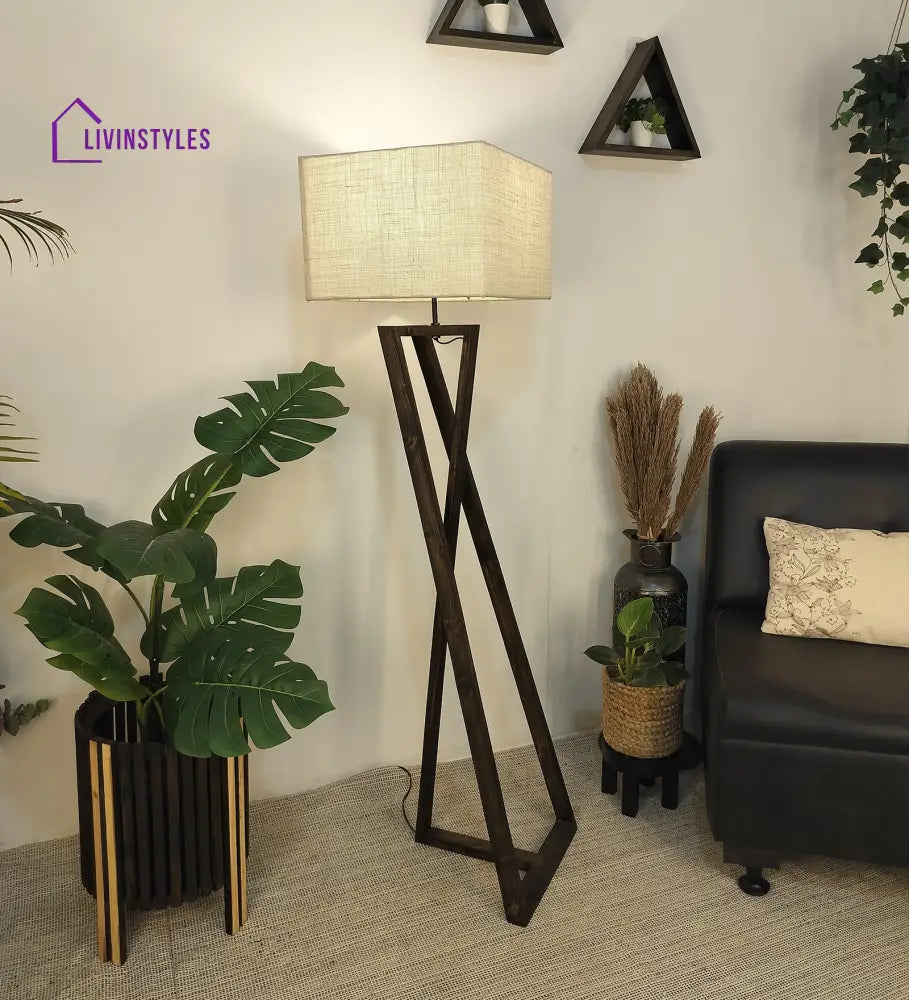 Catapult Wooden Floor Lamp With Brown Base And Premium Beige Fabric Lampshade Lamps
