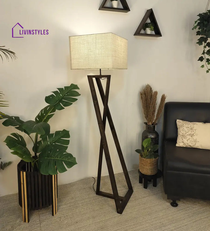 Catapult Wooden Floor Lamp With Brown Base And Premium Beige Fabric Lampshade Lamps