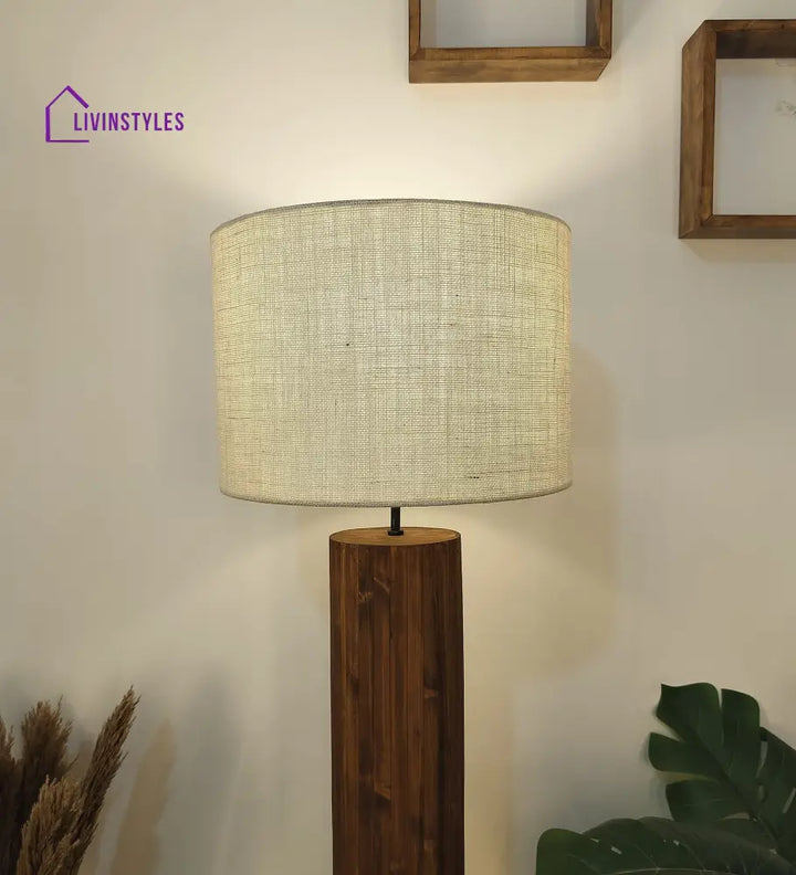 Cedar Wooden Floor Lamp With Brown Base And Beige Fabric Lampshade Lamps