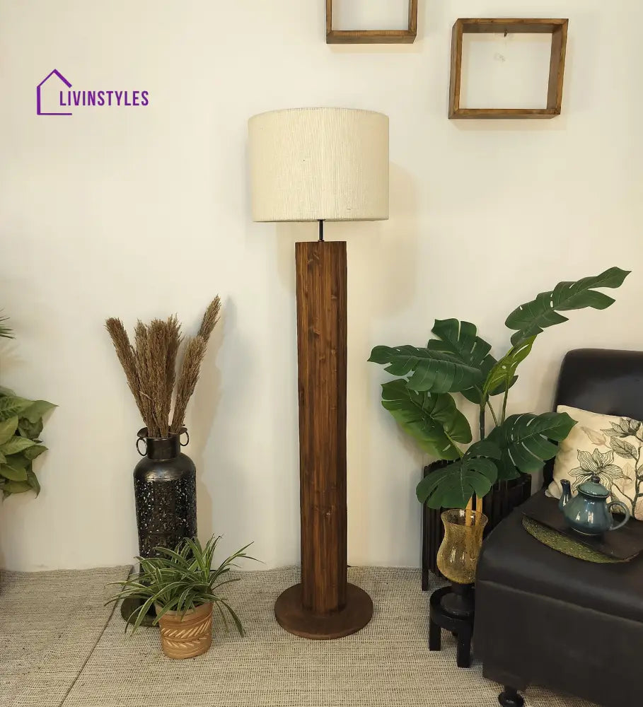 Cedar Wooden Floor Lamp With Brown Base And Beige Fabric Lampshade Lamps