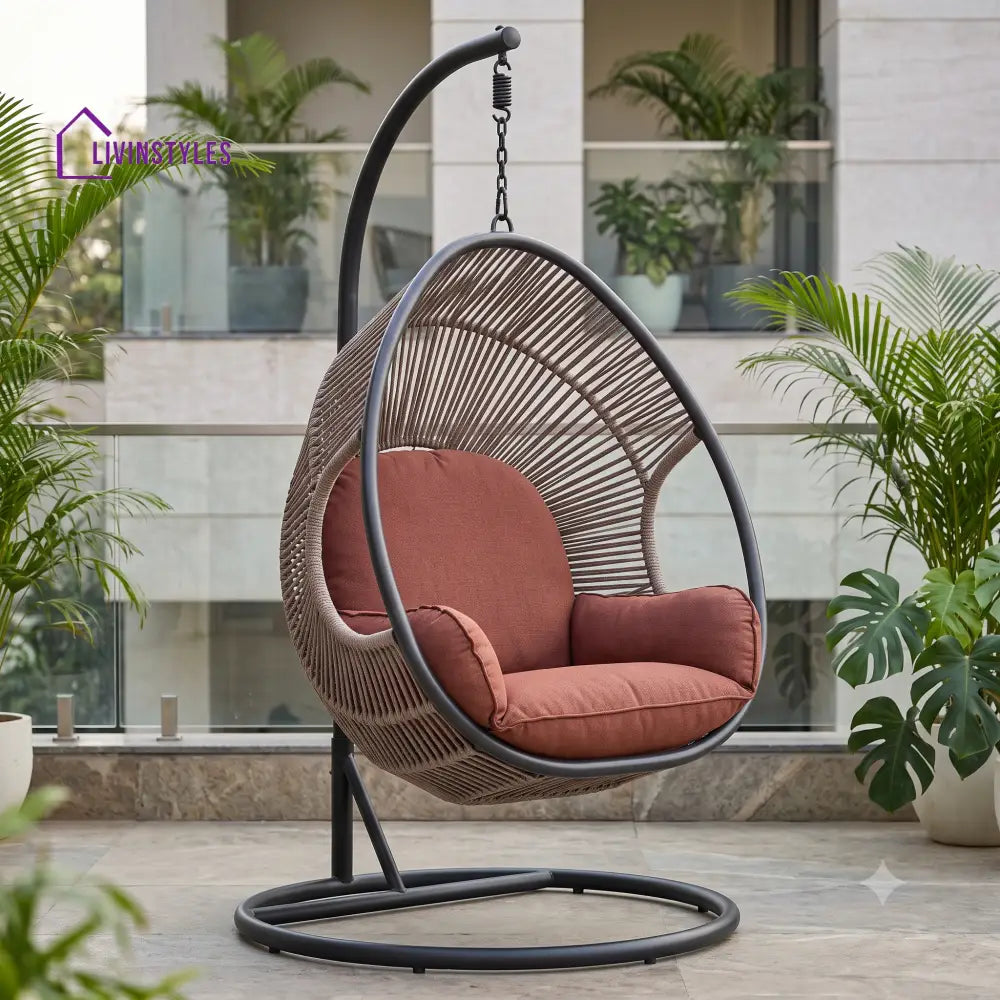 Celestine Single Seater Metal Swing Chair With Stand And Rope Weave