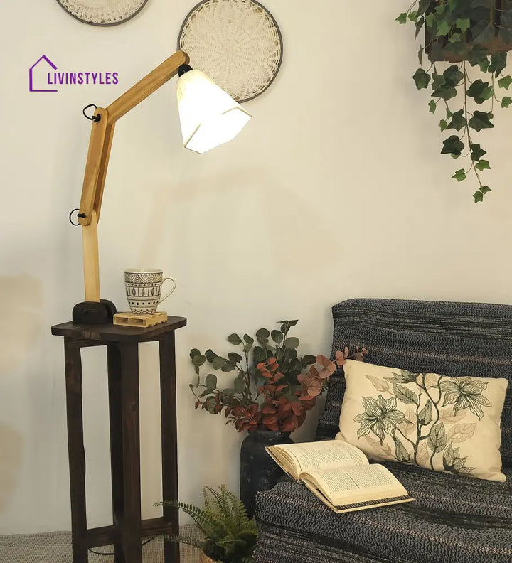 Centaur Wooden Floor Lamp With Beige Fabric Lampshade Lamps