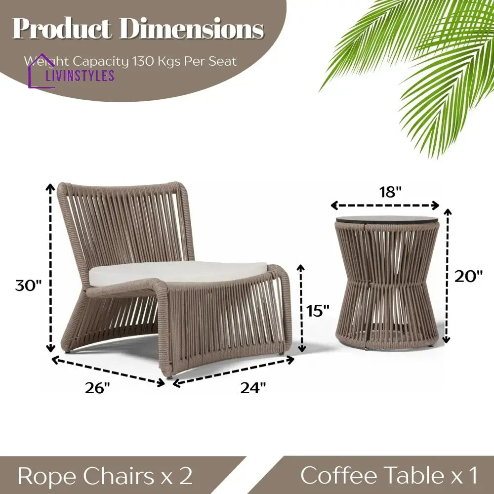 Cestino Outdoor Patio Seating Set 2 Chairs and 1 Table Set (Beige) Braided & Rope - Coffee Table Sets