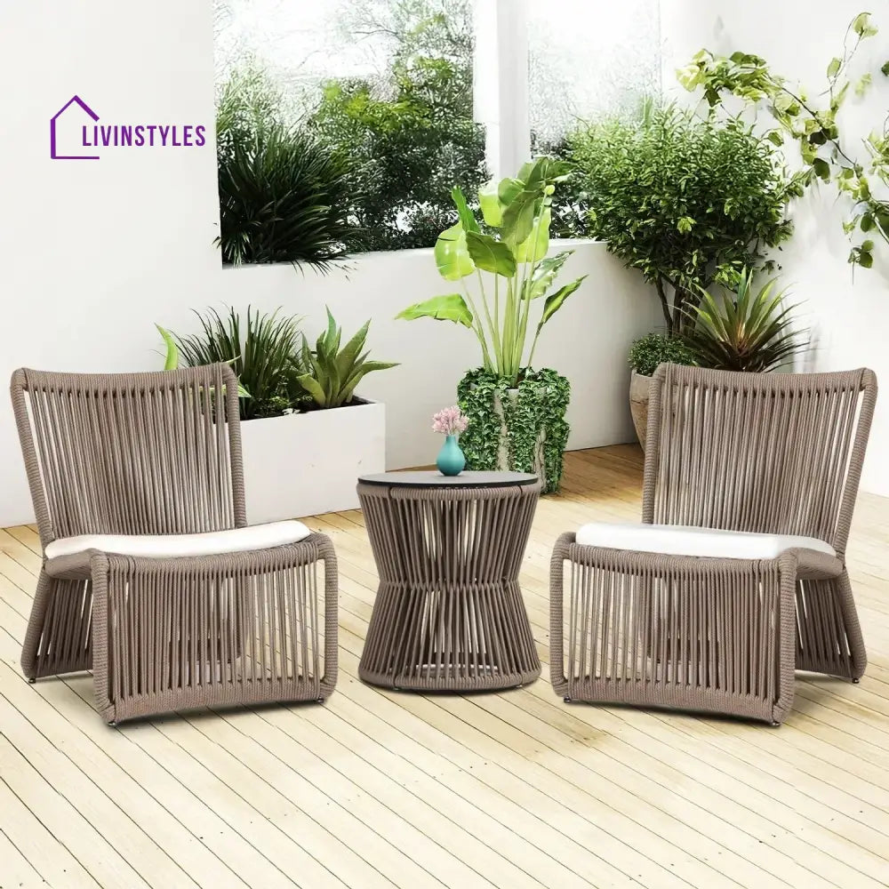 Cestino Outdoor Patio Seating Set 2 Chairs and 1 Table Set (Beige) Braided & Rope - Coffee Table Sets