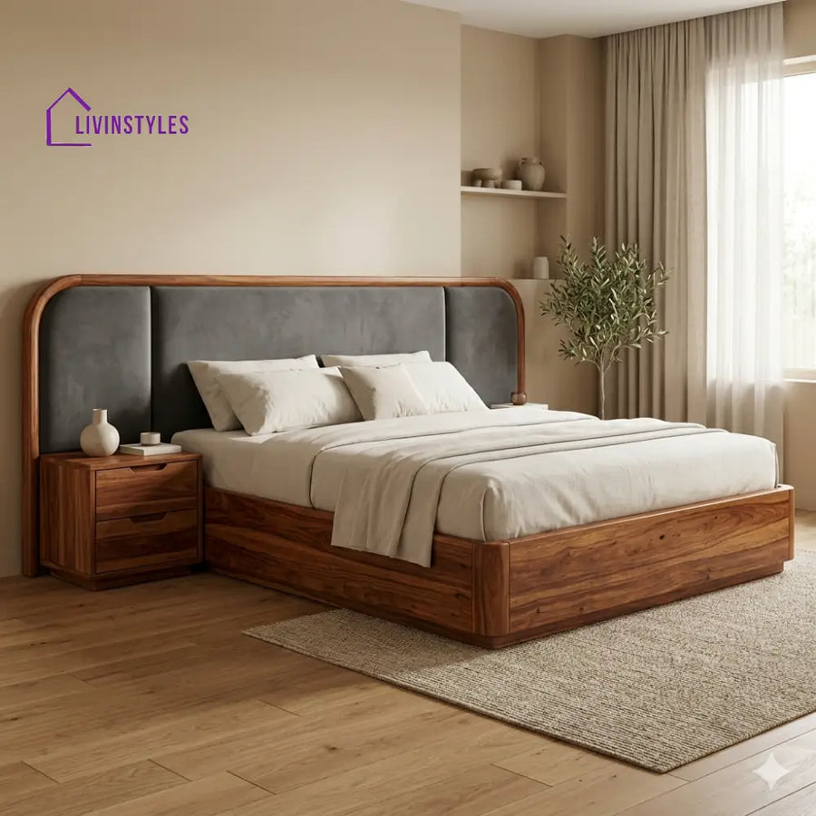 Chahat Premium Sheesham Wood Bed with Velvet Headboard