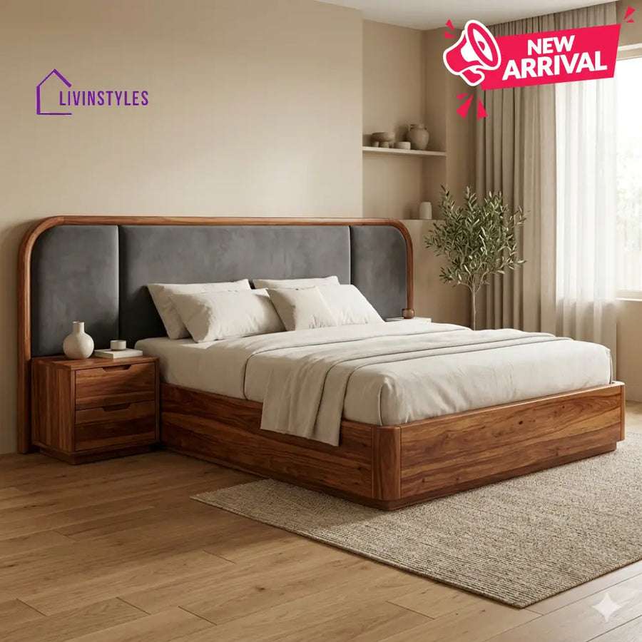 Chahat Premium Sheesham Wood Bed with Velvet Headboard