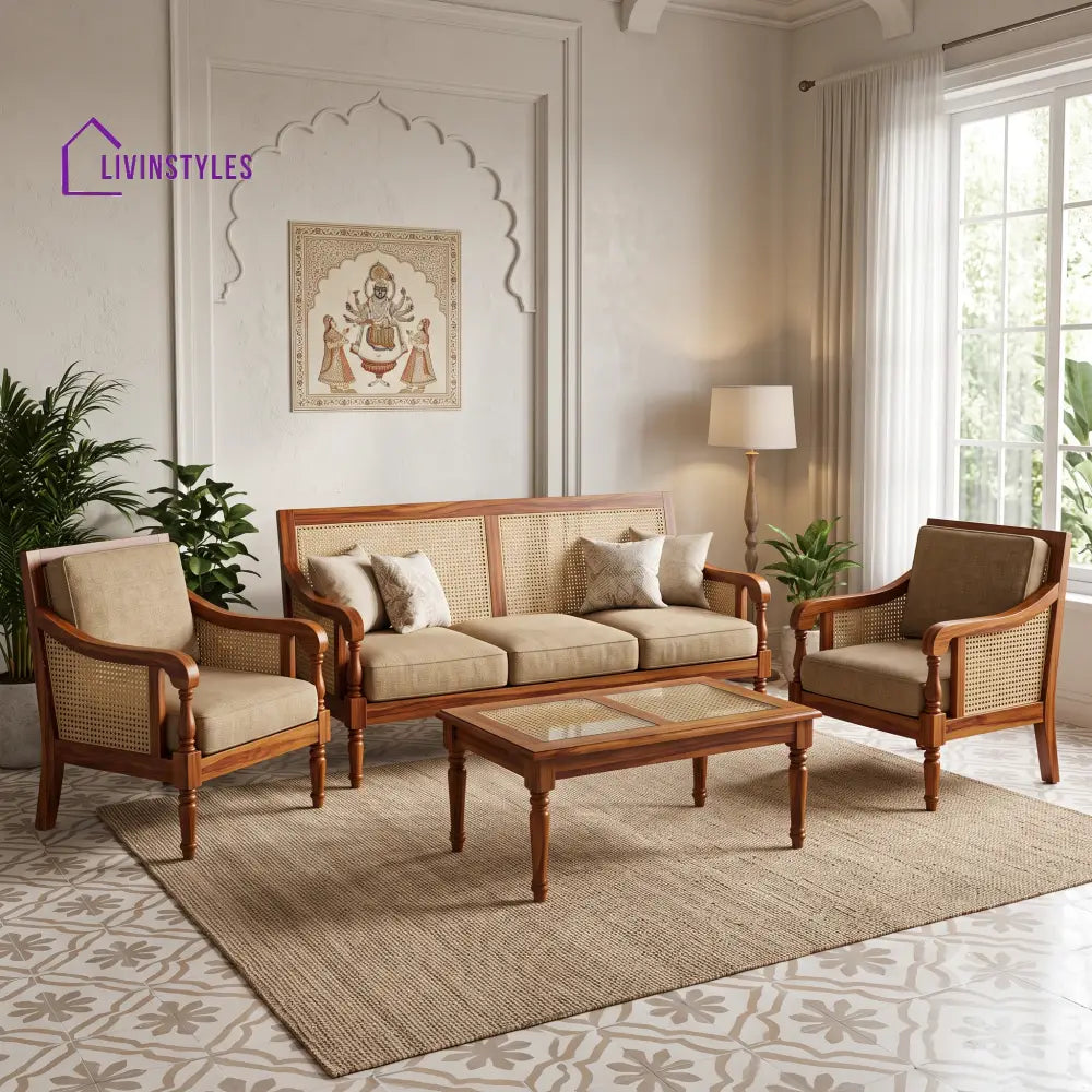 Chandrika Wooden Sofa Set | 3 + 1 + 1 Sheesham Wood Sofa Set for Living Room