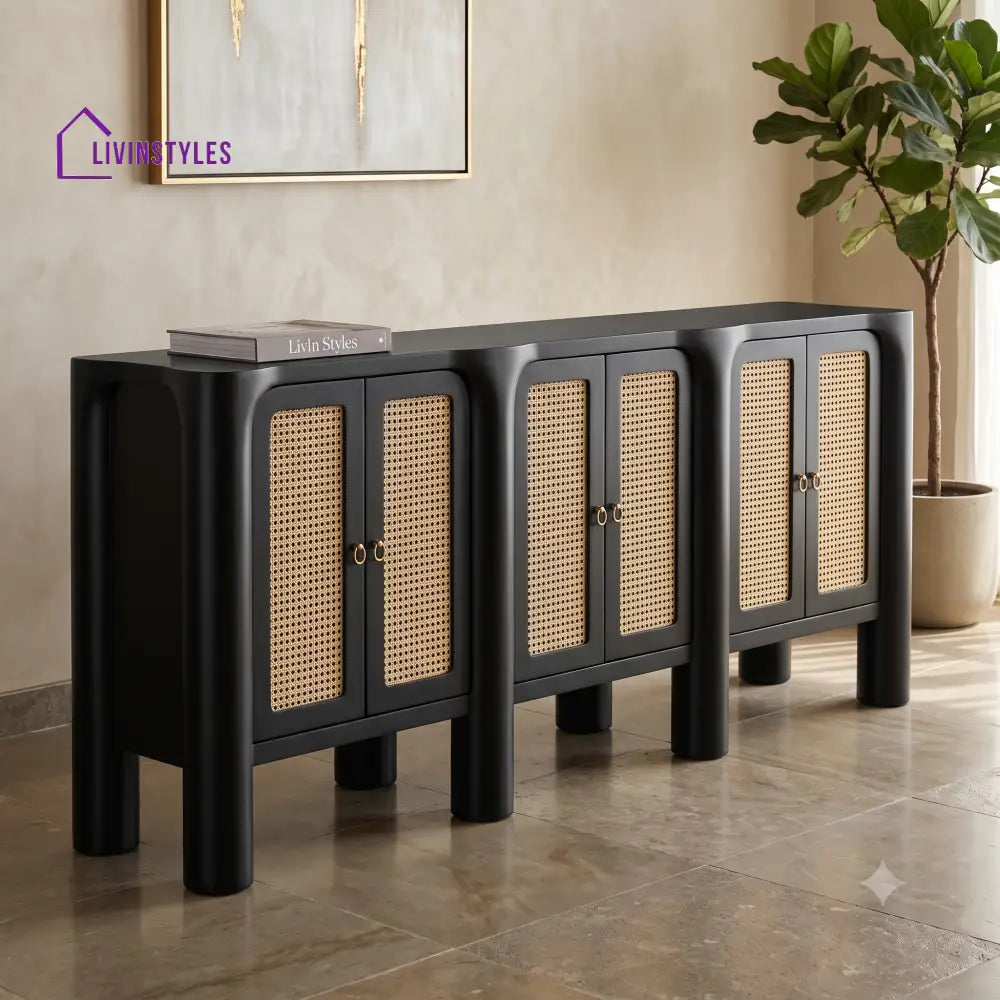 Charanya Solid Wood Sideboard and Cabinet in Black Finish
