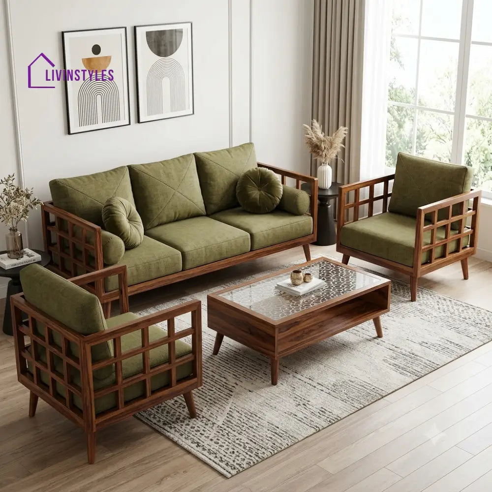 Charanya Wooden Sofa Set | 3 + 1 + 1 Sheesham Wood Sofa Set for Living Room