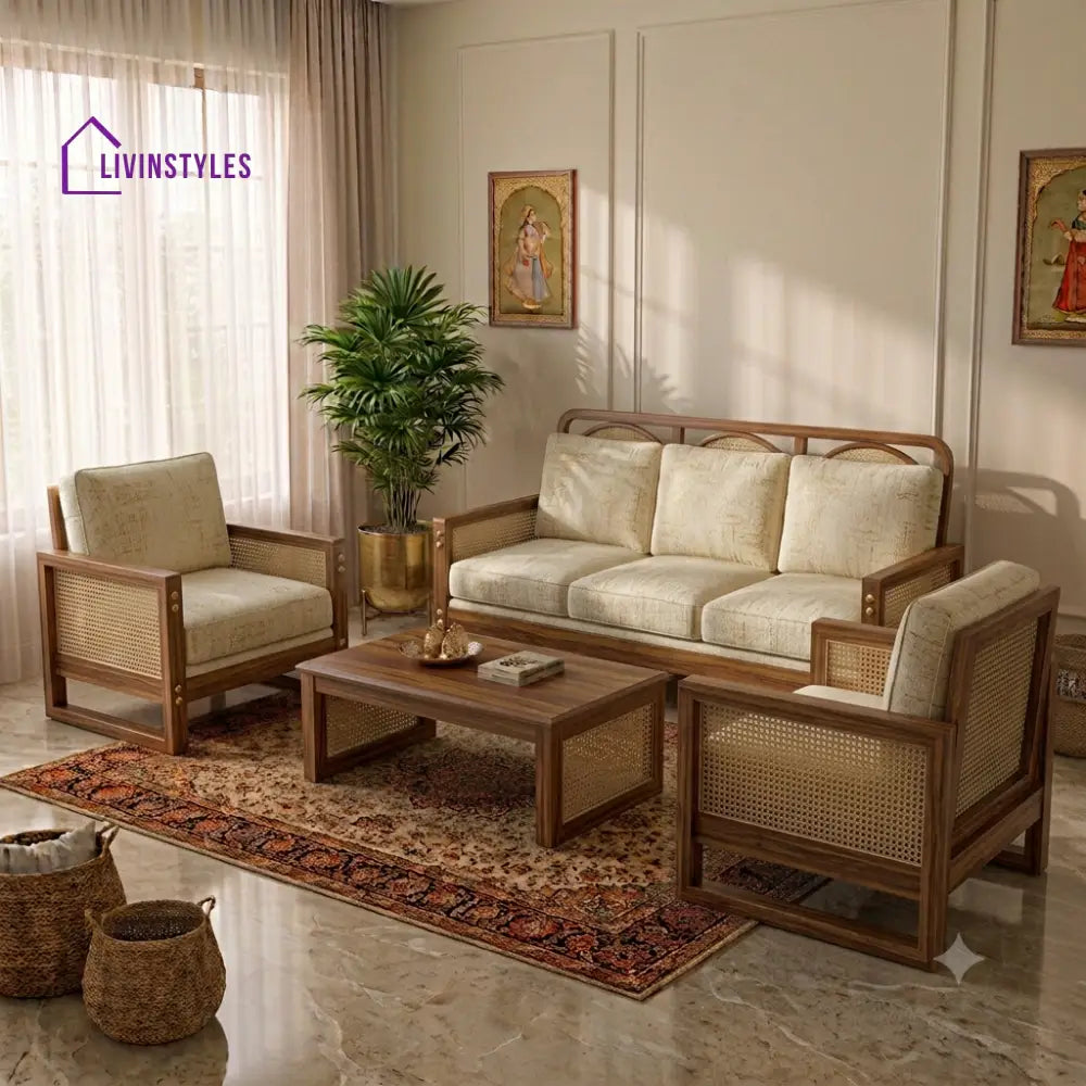 Charitha Wooden Sofa Set | 3 + 1 + 1 Sheesham Wood Sofa Set for Living Room