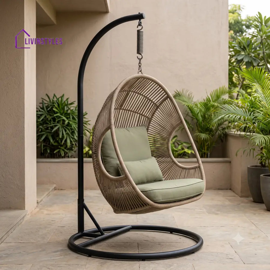 Charlene Metal Frame Swing Chair with Stand | Rope Weaving & Premium Fabric Seating