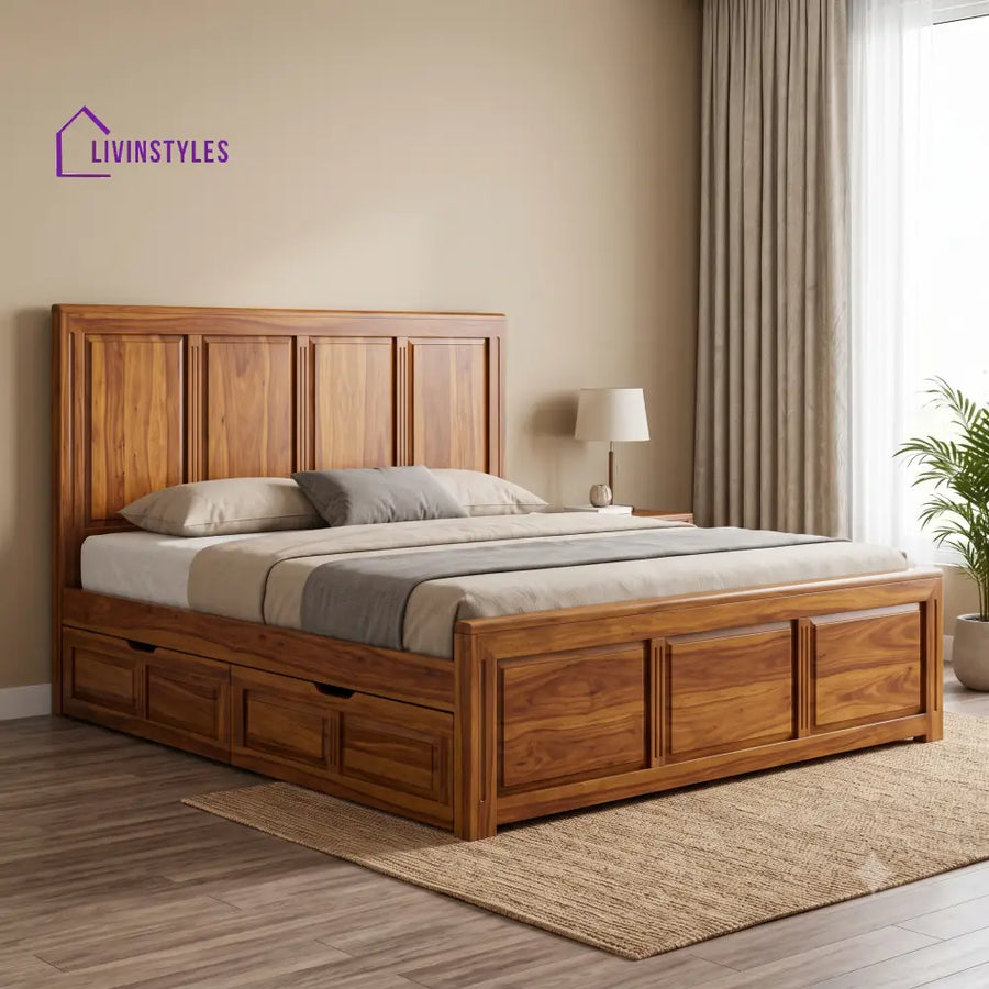 Charlotte Premium Wooden Bed with Drawer Storage | King Size Bed & Queen Size Bed Online