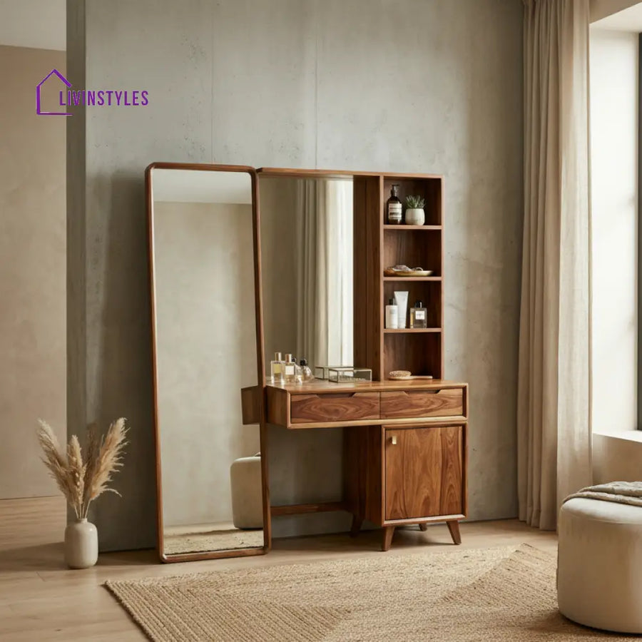 Charlotte Sheesham Wood Dressing Table with Mirror and Storage (Honey Finish)