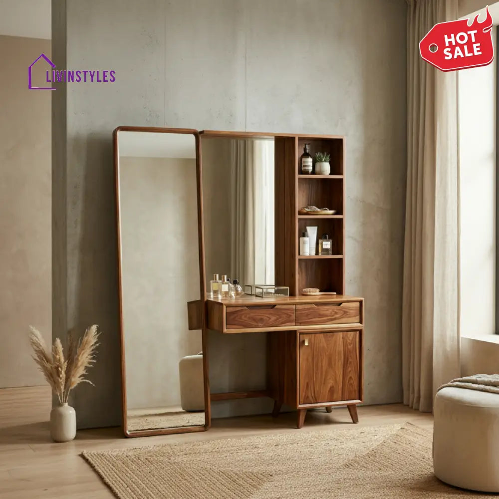 Charlotte Sheesham Wood Dressing Table with Mirror and Storage (Honey Finish)
